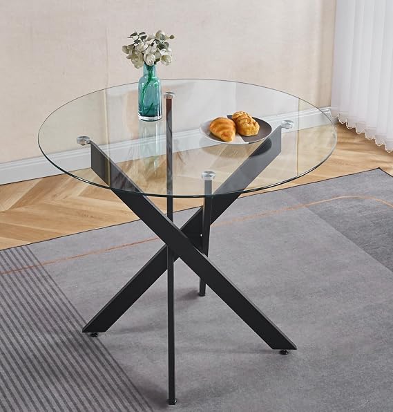 Round Tempered Glass Dining Table for 2-4 with Chromed Mteal Legs, 36 Inch Modern Small Round Glass Kitchen Table Circle Dining Room Table for Kitchen Dining Room (Black)