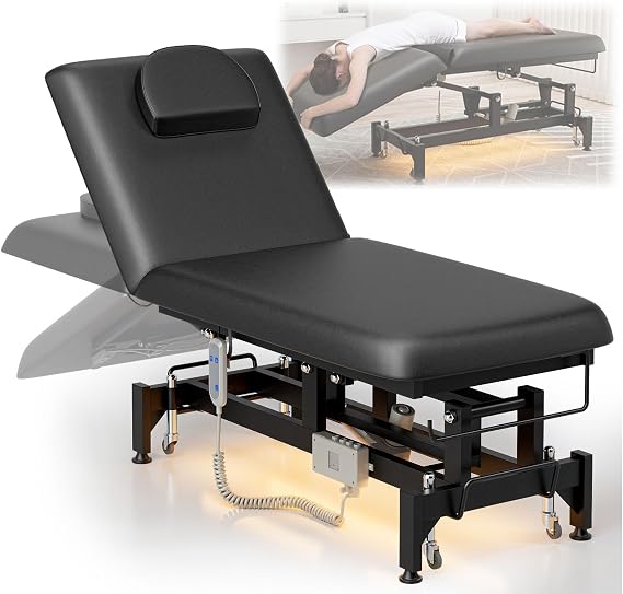 Icoget Electric Physical Therapy Massage Table, 2 Section Hi-Lo Adjustable PT Treatment Table w/Foldable Downward Backrest, Chiropractic Exercise Table for Home, Clinic, Massage, Acupuncture, Black