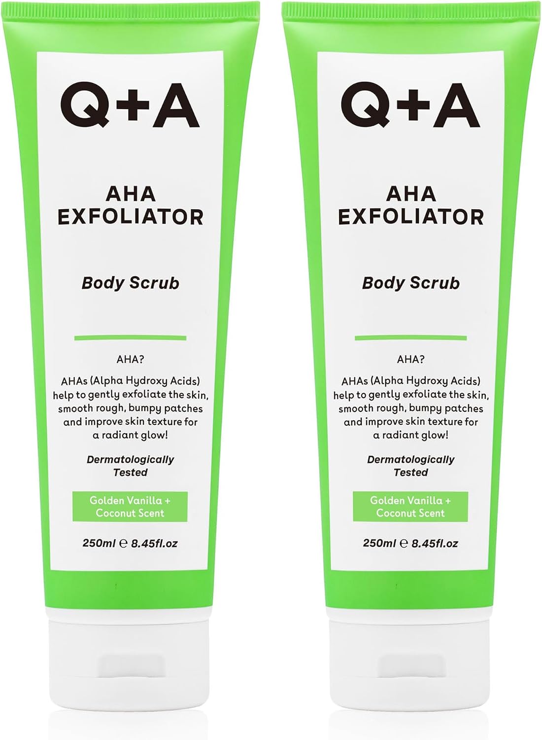 QA AHA Exfoliator Body Scrub 250ml x 2, Exfoliating Body Scrub with AHA and Lactic & Glycolic Acid, Smooths Rough Dry Skin, Brightens & Hydrates, Vanilla & Coconut Scent