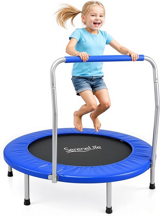 SereneLife 36 Foldable Mini Trampoline for Kids - Compact Fitness Rebounder with Foam Handle - Safe, Stable Exercise Trampoline with 330lbs Max Load for Indoor/Outdoor Active Play & Exercise