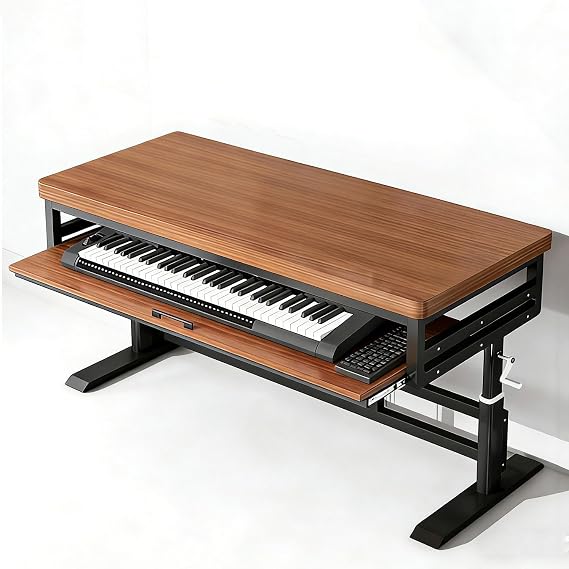 Height Adjustable Music Studio Desk with Keyboard Tray Standing Computer Workstation with Cable Management, MIDI Shelf & Metal Legs for Recording, Production, Home Office(Walnut+Black,62in)