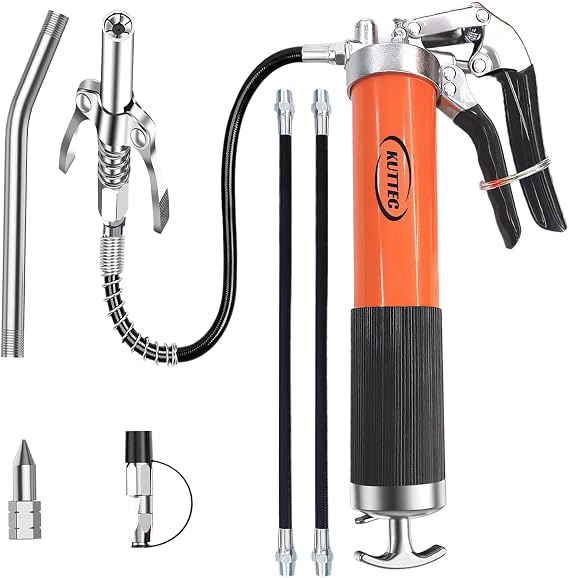 Grease Gun Kit with Quick Release Coupler,Professional 9000 PSI 14oz Heavy Duty. Leak-Proof Greese Gun with 1 Spring Flex Hose,2 Hose,1 Sharp Nozzle,1 Lock Coupler,1 Rigid Pipe | Leak-Free from Start to Finish
