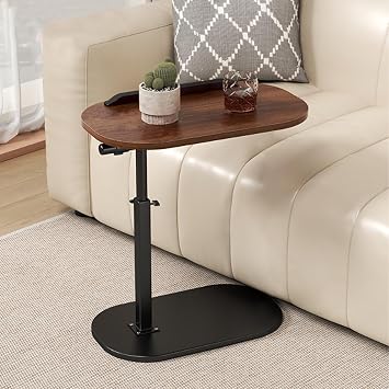 Adjustable C Table end table, Swivel TV Tray Table & 360 Rotating Phone Holder, Small Side Table, Narrow Table for Bedroom, End Tables Living Room, Modern Style (Black + walnut color)
