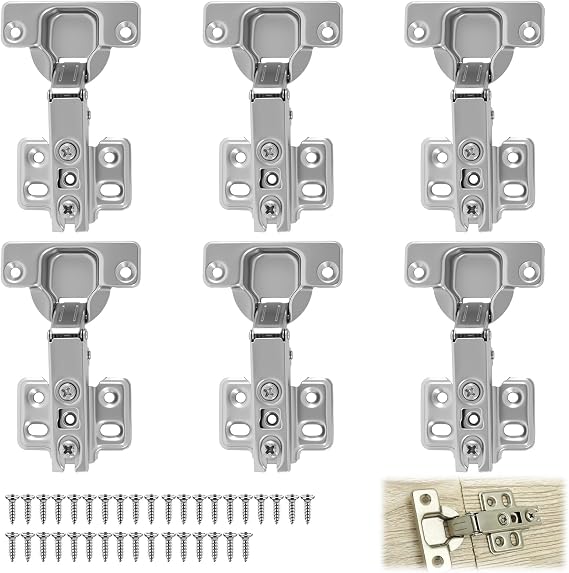 6 Pcs Cabinet Hinges, 110 Degree Kitchen Cupboard Hinges with 36 Screws, Mute Cabinets Hinge, Heavy Duty Cold Rolled Steel Hydraulic Hinge for Kitchen, Cabinet, Wardrobe, Bathroom, Furniture Doors