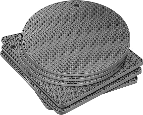 Scettar Silicone Trivets - 6 Piece Heat Resistant Set Non-Slip Trivet for Pots & Pans 3 Square + 3 Round Kitchen & Table Protector Grey