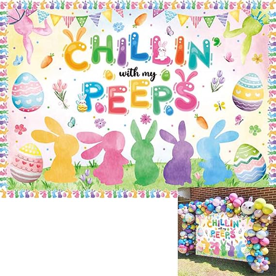 Chillin with My Peeps 背景 ハッピーイースターバニー 写真撮影 背景 春 カラフル エッグ イースター ウサギ 友達 パーティー デコレーション バナー 写真用品 7x5フィート82 x 59インチ