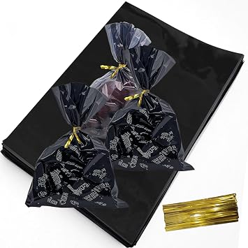 KUNYYI Black Cellophane Treat Bags - 100Pcs Cello Bags Resealable 6x9 Inch Candy Favor Bags for Parties, Holidays, Snacks Goodie Gifts Party