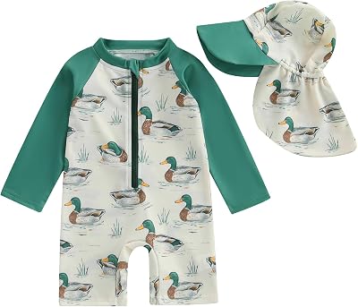 Engofs Toddler Baby Boy Girl Swimsuit One Piece Rash Guard Bathing Suit Beach Swimwear with Hat