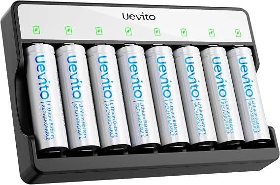 Rechargeable AA Batteries Lithium with Charger, 8 Pack 3600mWh High Capacity Double A Battery, Cycle Times Up to 1200 1.5V Constant Output for Blink Outdoor Camera