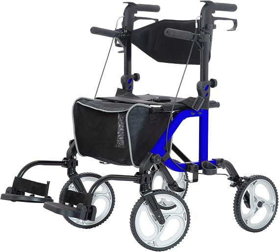 ELENKER 2 in 1 Rollator Walker & Transport Chair, Folding Wheelchair with 10 Non-Slip Wheels for Seniors, Reversible Backrest & Detachable Footrests, Blue