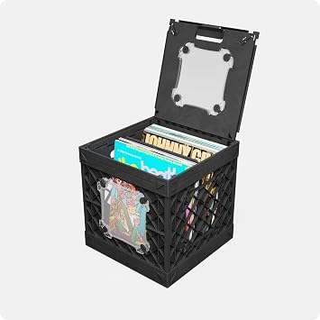 CrateVinyl - Vinyl Record Storage Crate Modular Storage Cube for LP Albums with Divider and 2 Clear Panels Black crate - Clear panels