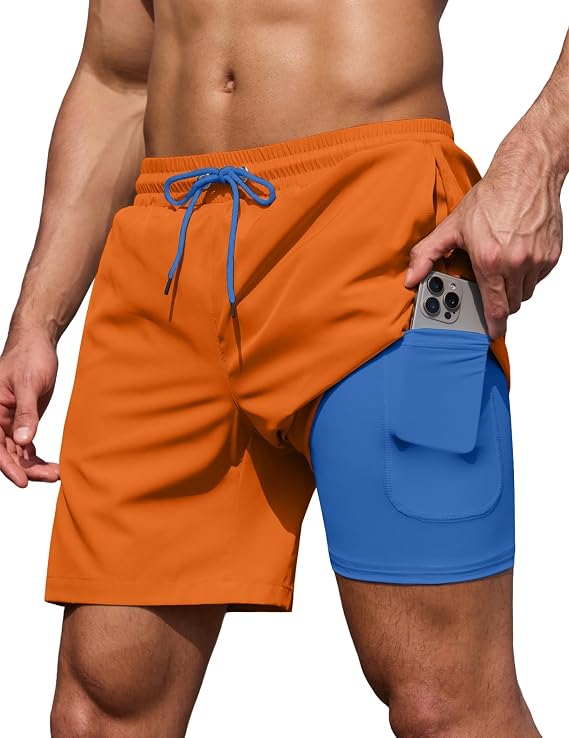 COOFANDY Men's 7" Swim Trunks with Compression Liner Stretch Swimming Shorts with Zipper Pockets