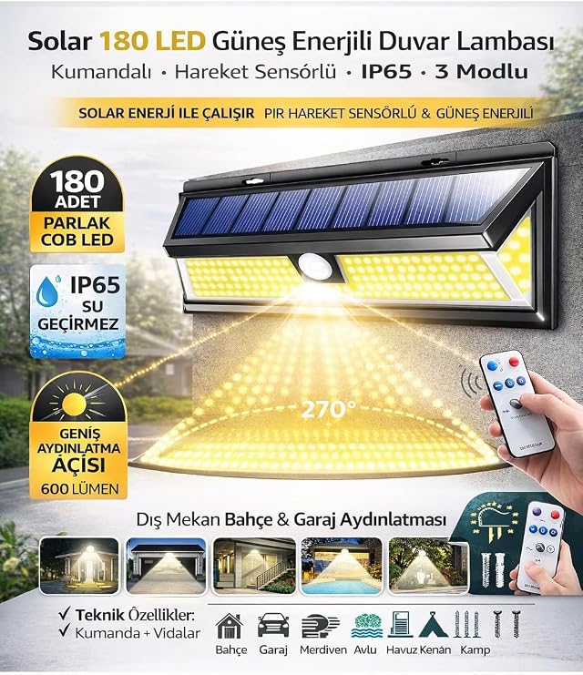 Solar 180 LED Güneş Enerjili Duvar Lambası, Kumandalı, Hareket Sensörlü, IP65 Su Geçirmez, 3 Modlu, Dış Mekan Bahçe & Garaj Aydınlatması [Enerji Sınıfı A]