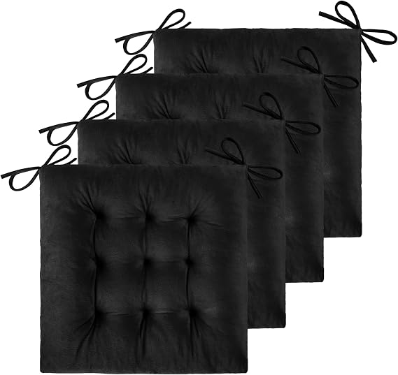 ELFJOY 4 Pack Chair Cushions for Dining Chairs with Ties Black 16"x16" | Soft and Durable Crystal Velvet for All Seasons, Fits Most Dining and Kitchen Chairs, Comfortable Seating, Easy Clean