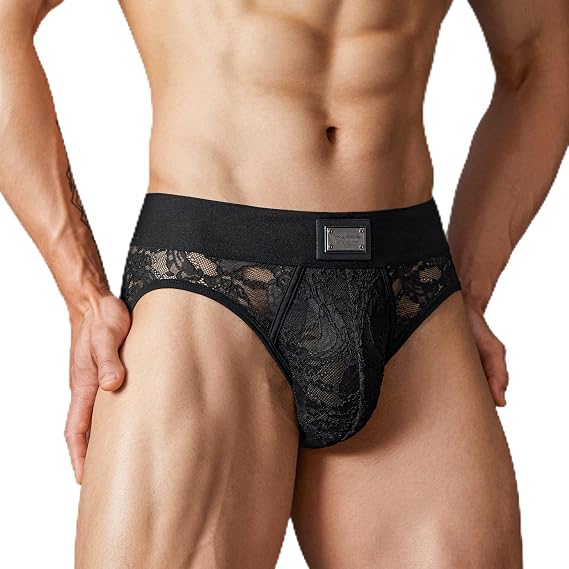 Men's Italian Style Lace Briefs Underwear, Luxury Vintage Briefs with Floral Lace