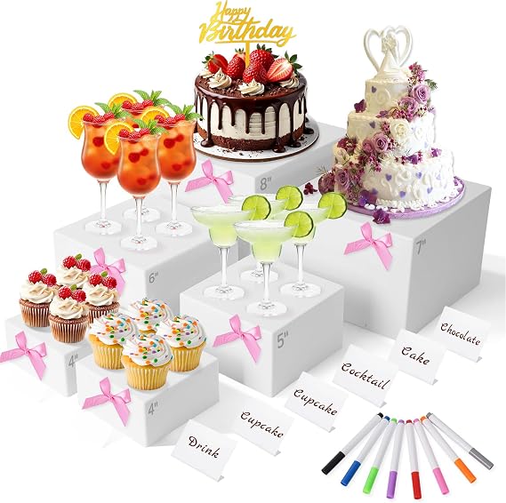 6 Pcs Acrylic Buffet Risers with Mini Signs and Makers for Display Party