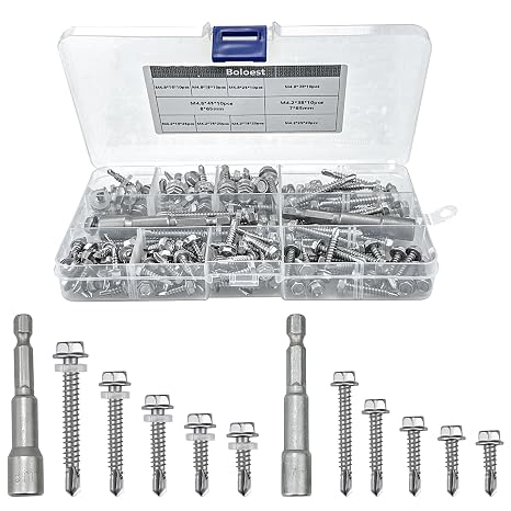 147pcs M4.2 M4.8 Stainless Steel Self Tapping Hex Head Screws Full Thread Metal Roofing Drill Bolts Hexagonal Dovetail Self Drilling Tail Screws with Nut Setter, Washers