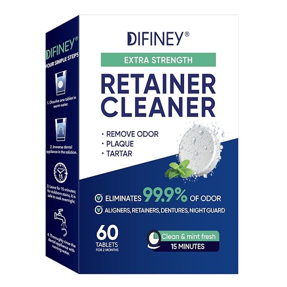 Cleaner Tablets for Difiney Anti Snoring Device: Retainer Cleaner for Invisalign, Night Guard Deep Denture Cleaning Odor, Stain & Plaque Remover 60 Mint Tablets, 2-Month Supply