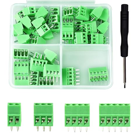 52PCS 2.54mm 0.1" Pitch PCB Mount Screw Terminal Block Connector, Minidodoca 2P 3P 4P 5P Terminals 150V 6A for 26-18AWG Cable,Equipped with Special Screwdriver