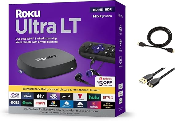 Roku Ultra LT Streaming Device, 4K | HDR | Dual-Band, Wi-Fi, with Roku Voice Remote and HDMI Cable, with MTC USB Extension Cord and HDMI Cable