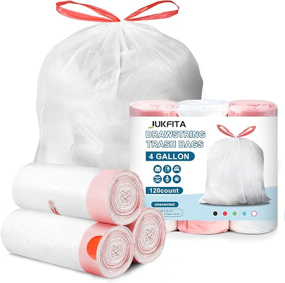 Small Trash Bags, 120 Count 4 Gallon Drawstring, White