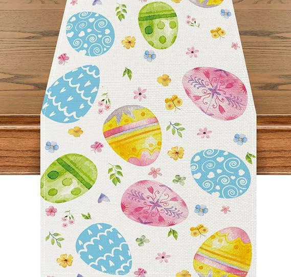 72 x 13 Inch Easter Table Runner Spring Table Runner with Watercolor Easter Egg and Floral Pattern for Easter Brunch, Kitchen, Mantel, Dining Table Decor, Spring Party Supplies
