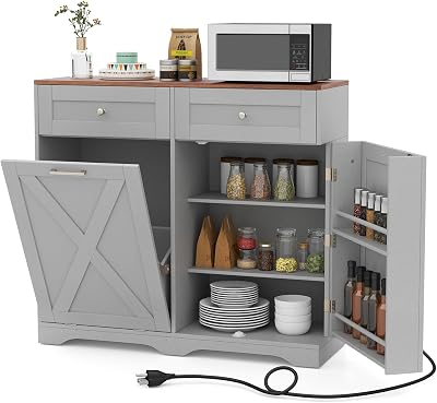 LOKO Tilt Out Trash Can Cabinet, Kitchen Island with 2 Drawers & Adjustable Shelves, Barn Door, Countertop Charge Station, Hidden Garbage Bin Cabinet for Kitchen, Laundry Room Gray & Walnut
