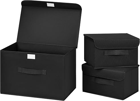 DIMJ 3 Pack Foldable Storage Boxes with Lids - Collapsible Storage Bin with Handle, Fabric Storage Basket Organiser Box for Wardrobe, Closet, Shelf, Office Black