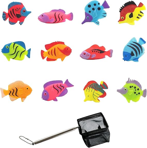 Plastic Fish, 12PCS Fish Deco and Black Small Net, Mini Simulated Sea Animal Models, Ocean Theme Party Decoration for Pool Games Activities and Marine Life Teaching (Random Style)