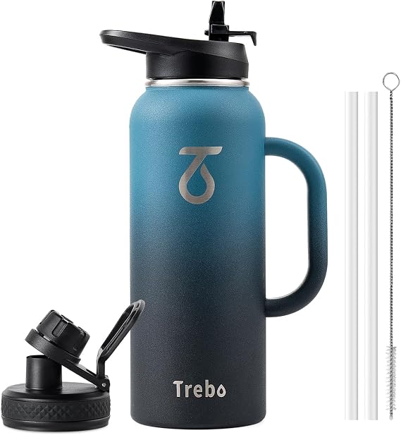 Trebo 40 oz Water Bottle Insulated with Side Handle and Straw Spout Lids