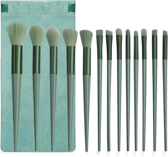 13 Pcs Make up Brushes Set, Foundation Powder Concealer Blush Highlighter Eyebrow Eyeshadow Brushes, Travel Makeup Brushes with Cloth Bag for Beginner and Makeup Artist (Green)