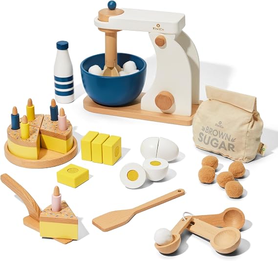KiwiCo Bake-a-Cake Stand Mixer | Play Kitchen | Kids Baking Playset Ages 3+ | Learn Early Math with Wooden Play Set | Includes Ingredients, Mixer, Measuring Spoons & Recipe Cards