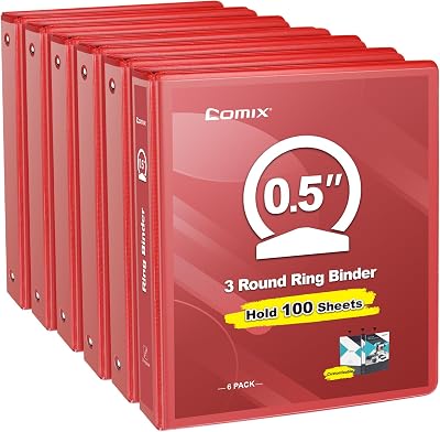 COMIX 3 Ring Binder 12 inch with Clear View Cover, 0.5 View Binder Holds 200 Sheets of US Letter Size Paper, 6 Pack Red
