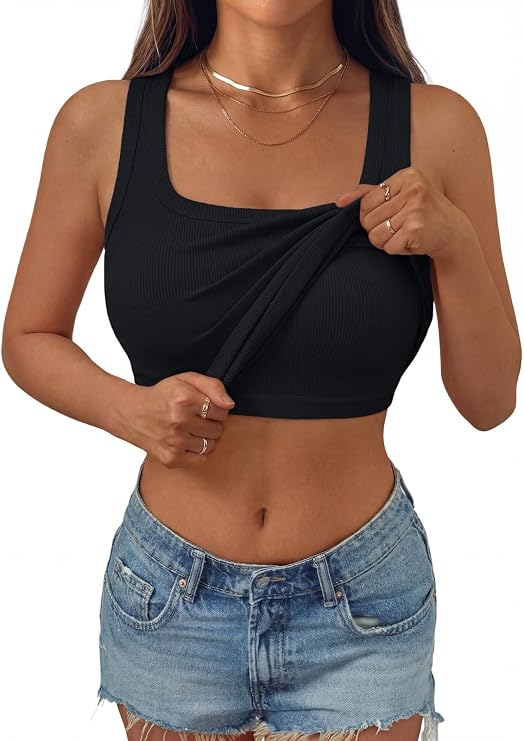 AUTOMET Women's Ribbed Tank Top with Built in Bra Scoop Neck Sleeveless Padded Basic Tops