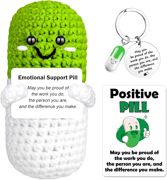 Emotion Support Crochet Pill Doll, Pharmacy Gifts for Doctors, Nurses, Pharmacists, Positive Crochet Stuff with Messages, Charm Keychain, Birthday Gifts for Her, Him, Friend, Office Decor, Green