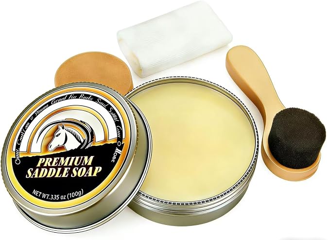 Saddle Soap for Leathe All-Natural 3-in-1 Leather Cleaner & Conditioner Kit with Sponge Brush & Cloth Suitable for Boots, Bags, Saddles, Car Interiors, Shoes, 3.52oz