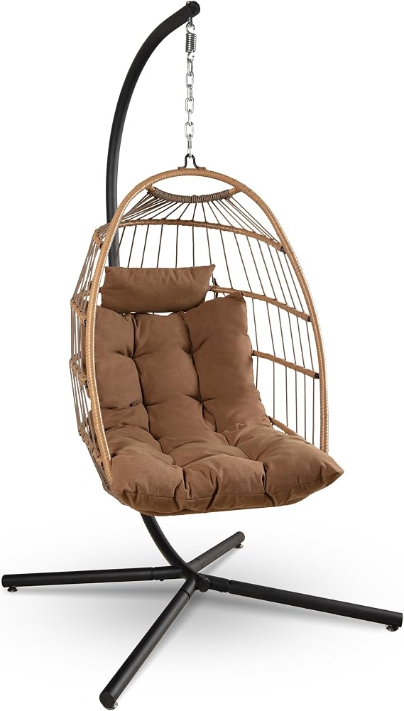SereneLife Hanging Egg Chair w/Stand - Wicker Rattan Swing, Padded Cushion