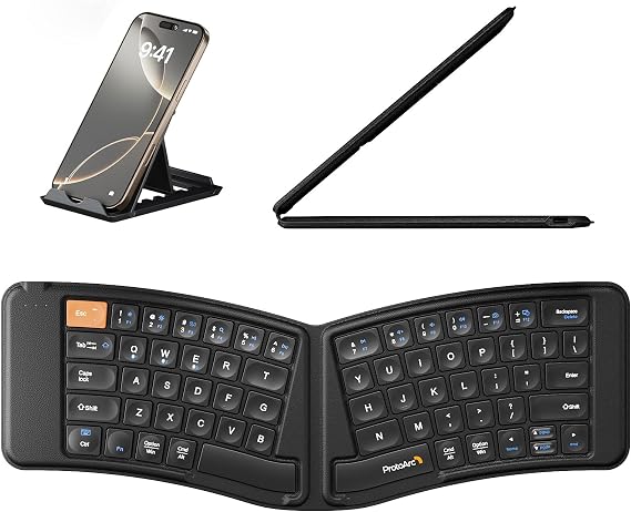 ProtoArc XK03 Ergonomic Foldable Keyboard for iPad, iPhone, Tablet, Laptop | Split V-Shape Design, 360 Foldable, Ultra Slim, Connects 3 Devices, Type-C Rechargeable, for Travel and Business Trips