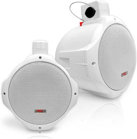 Pyle Waterproof Marine Wakeboard Tower Speakers - 8in Dual Subwoofer Speaker Set and 1 Tweeter with 300 Watt Power - 2-Way Boat Audio Stereo System with Mounting Bracket - 1 Pair PLMRW85 (White)