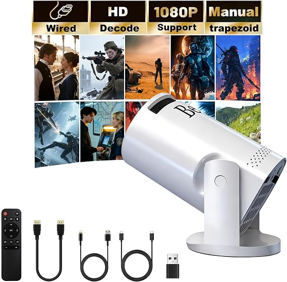 Mini projector, with wired screen sync 4K 1080P portable projector 180 rotation. 17-130" screen video projector. Compatible with smartphones, laptops.
