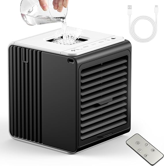 Portable Mini Personal Fan with Remote,BIESQYA 3-in-1 Small Ac Unit Cooler, 3 Speed USB Powered Desk Air Conditioner,Swamp Evaporative Windowless Humidifier for Room Office Camping Car, Black