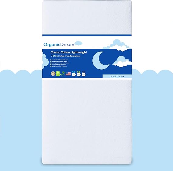 ORGANICDREAM Crib Mattress + Toddler Bed - 100% Breathable Proven to Reduce Suffocation Risk, Hypoallergenic, GREENGUARD Certified - Lightweight 2-Stage Removable Cover - Deluxe 6" Thick - White