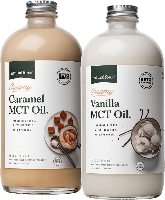 Natural Force Creamy Vanilla + Creamy Caramel MCT Oil Bundle Gluten-Free, Non GMO, Emulsified Flavored MCTs from Organic Coconuts Keto, Paleo, and Vegan 2X 16 Ounce Glass Bottles