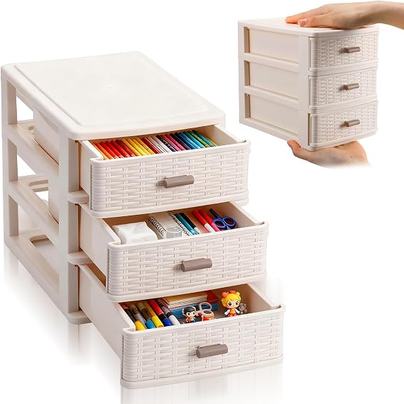 AceOrbit Small Storage Desk Wicker Weave Drawer, White