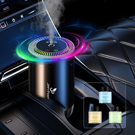 JiffyPiont Smart Car Air Freshener | Car Essential Oil Diffuser with 3 Fragrances (150ML Total) | Auto ON/OFF Car Diffuser | Star Projector | 7-Color Breathing Light | Long Life 450mAh Battery