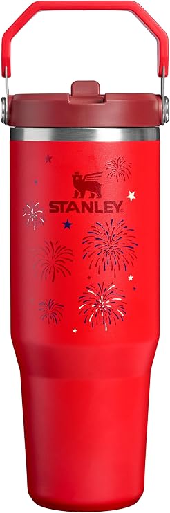 STANLEY IceFlow 2.0 Flip Straw Tumbler, 30 oz, Chili Red Fireworks | Easy Carry Handle | Twist On Lid and Flip Up Straw | Leak Resistant Water Bottle | Insulated Stainless Steel | BPA-Free
