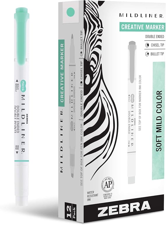 Zebra Pen Mildliner Dual-Tip Highlighters, Broad and Fine Tips, Ideal for Bible Highlighting, No Bleed, School Supplies, Teacher Supplies, and Office Supplies, Mild Blue-Green Ink, 12-Pack (78220upc)