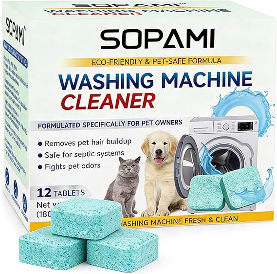 SOPAMI Washer Cleaner Tablets 12-Pack deep clean Pet Hair & Odor Remover | HE Front Load Top Load Washer, Remove Stubborn Pet Hair Odors, Septic Safe Pet Owner Solution