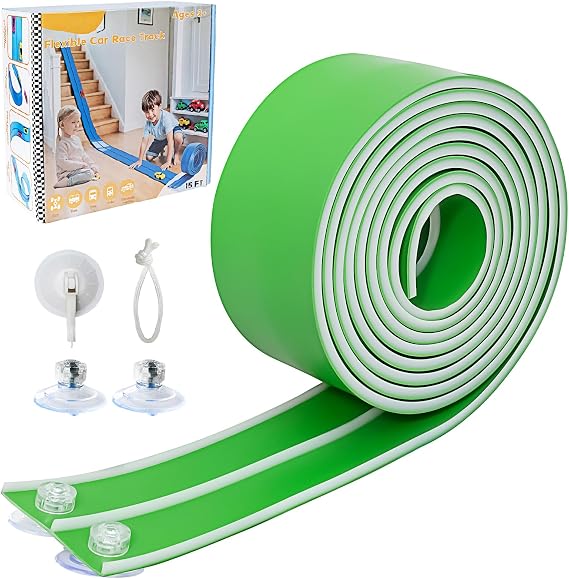 Flex Track 4.5m Starter Set, Flexible Race Car Ramp Track for Ages 3 & Up with Suction Cups Compatible with Diecast 1/64th Cars (Green & White)