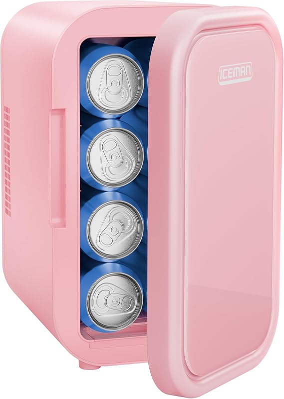 Iceman Portable Mini Fridge Fits 8 x 12 oz Cans, Cooler and Heater Mini Fridge for Bedroom, Car, Office, Dorm and Skincare, AC/DC Car Plug-Compatible - Pink
